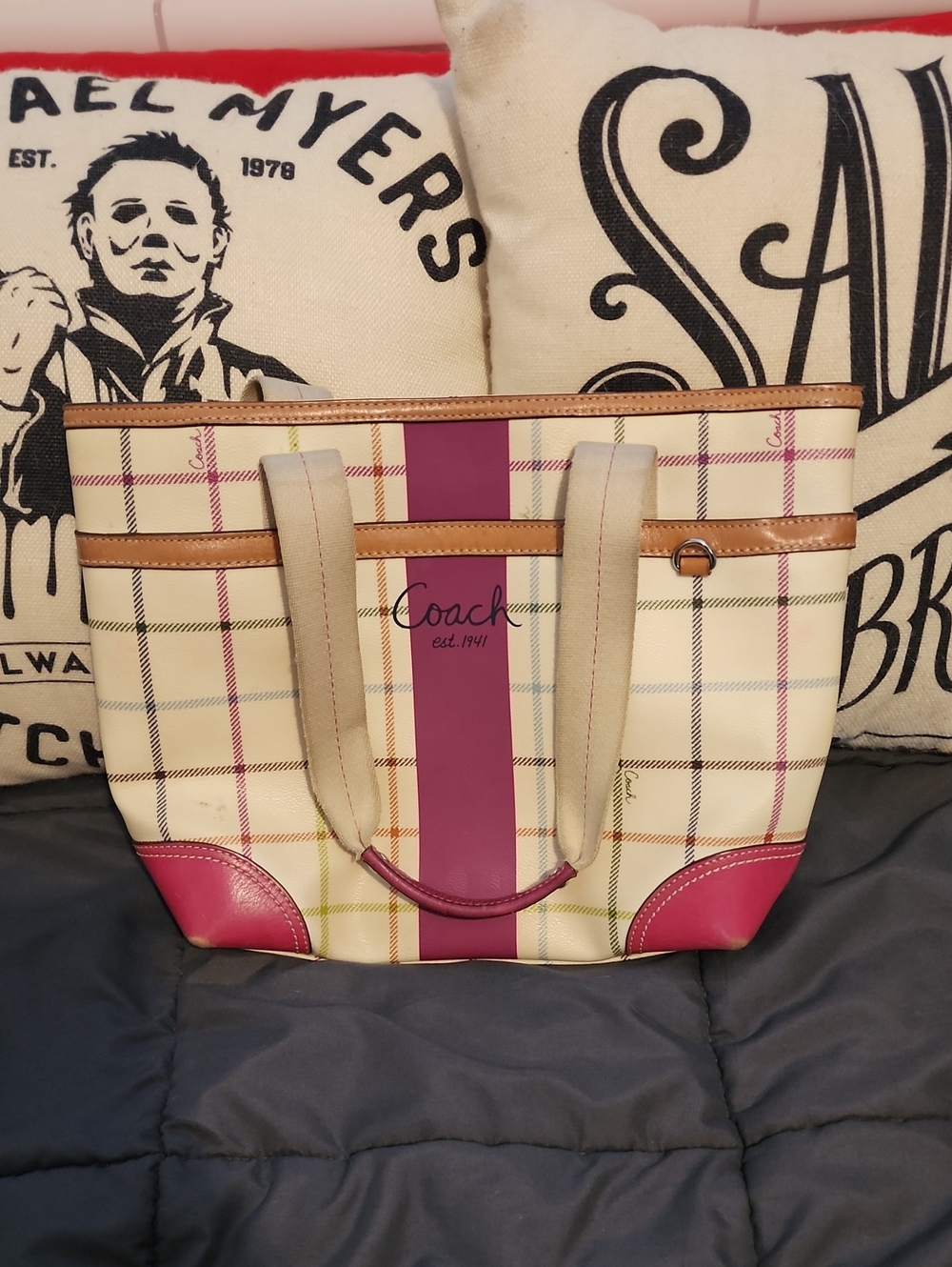 Coach Cream Plaid Tote with Pink Stripe and Pink Trim CUTE! 🛍️